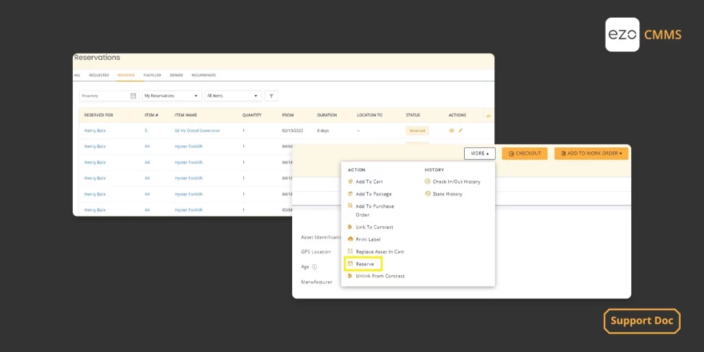 Reserve Items in EZO CMMS