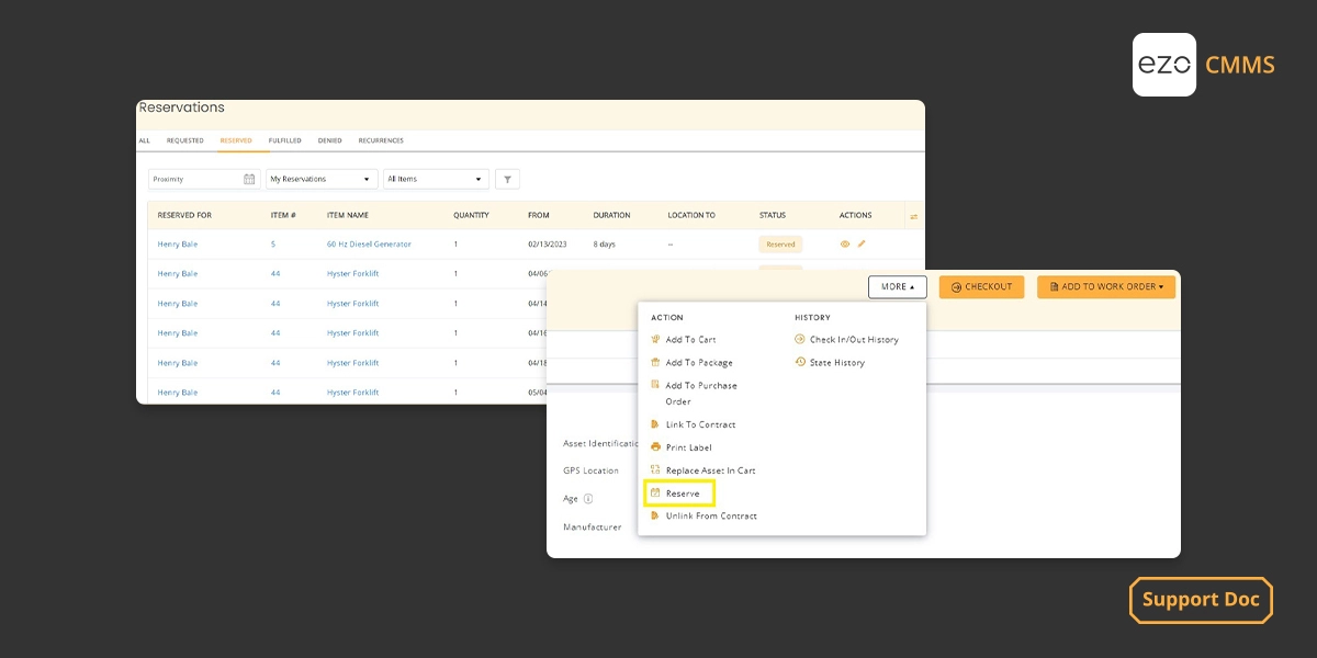 Reserve Items in EZO CMMS