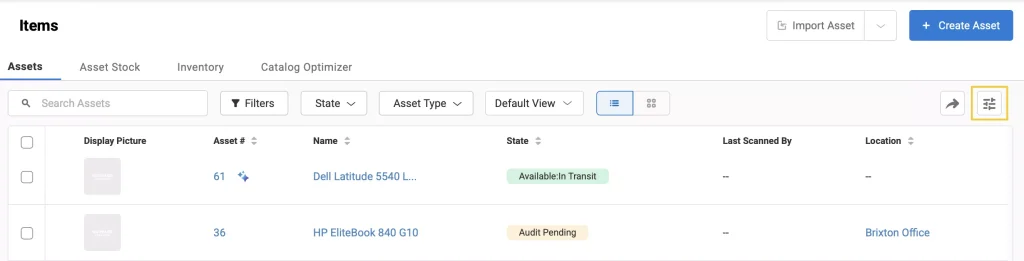 Assets listing page showing the Customise Columns button.