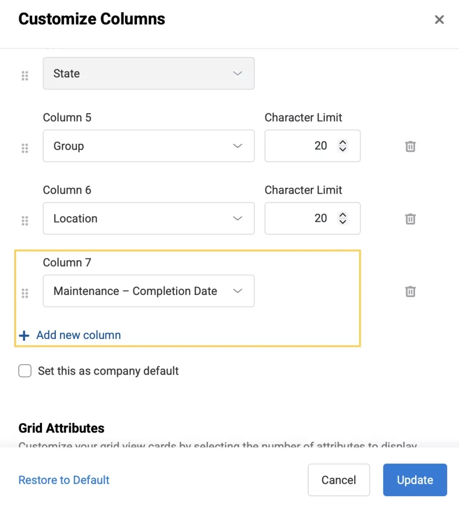 Customise Columns pop-up showing the Add new column button and the Maintenance – Completion Date option.