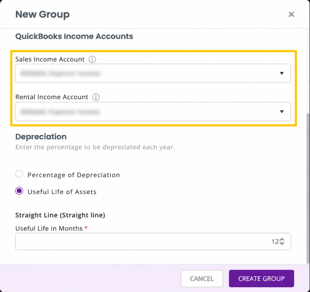 New Group pop-up showing the sale income and rental income drop-downs.