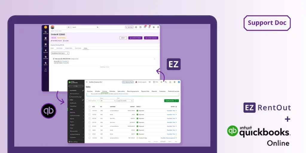 EZRentOut QuickBooks Online integration banner showing an EZRentOut order sync history screen connected to a QuickBooks Online sales list, with EZRentOut and QuickBooks logos.