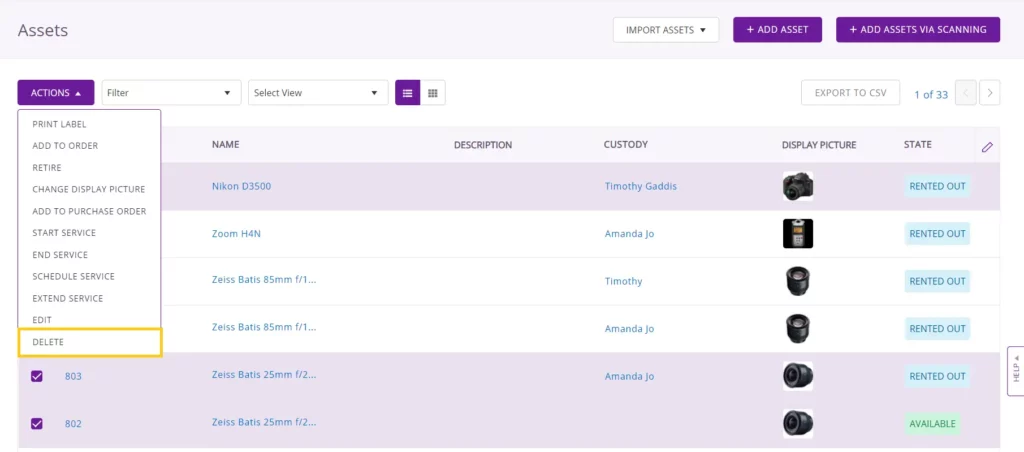 delete multiple assets