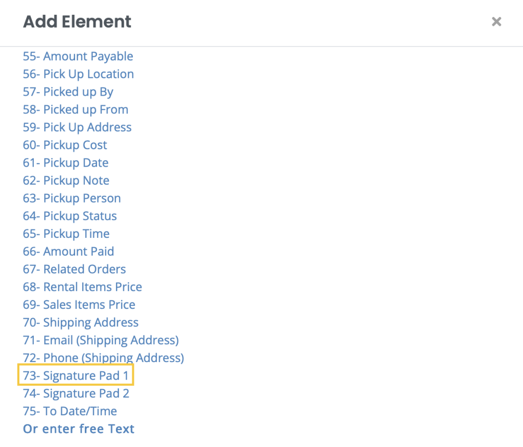 Add element pop-up showing how to add signature pad 1.