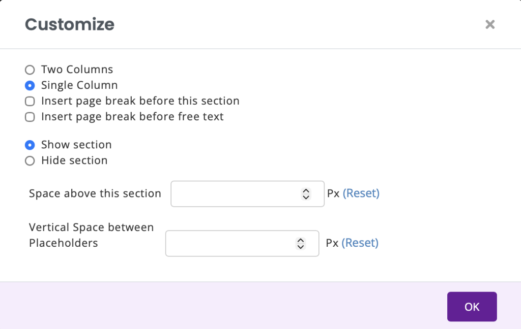 Invoice Designer page showing the customize pop-up.