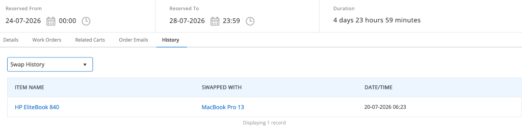 Cart Details page showing the swap history.