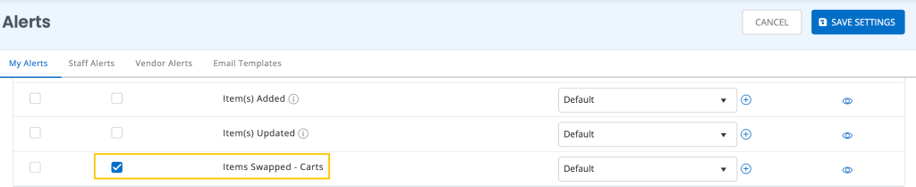 Alerts page showing the item swapped alert template.