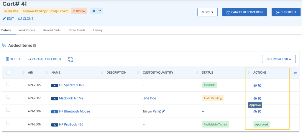 The Carts detail page showing the option to approve or deny line items.