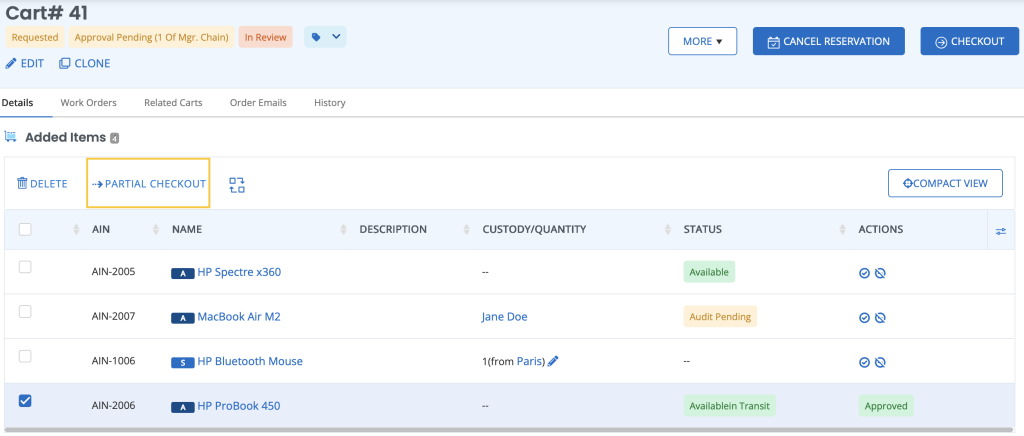 Cart details page showing the Partial Checkout button.
