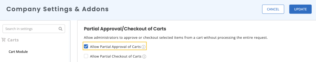 Company settings page showing the option to enable Allow Partial Approval of Carts.