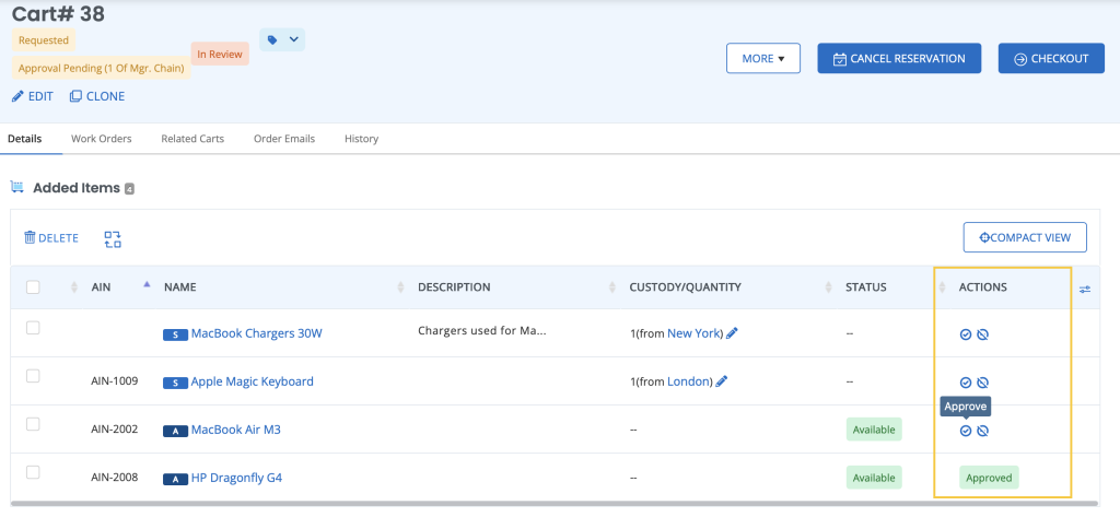 The Carts detail page showing the option to approve or deny line items.