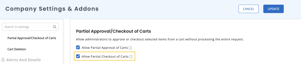 Company settings page showing the option to enable Allow Partial Checkout of Carts.