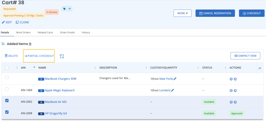 Cart details page showing the Partial Checkout button.