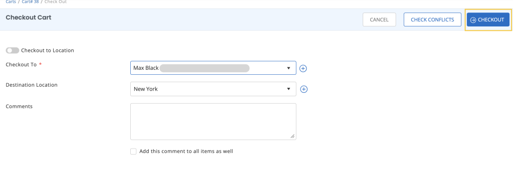 The Checkout Cart page showing the checkout details and the checkout button.