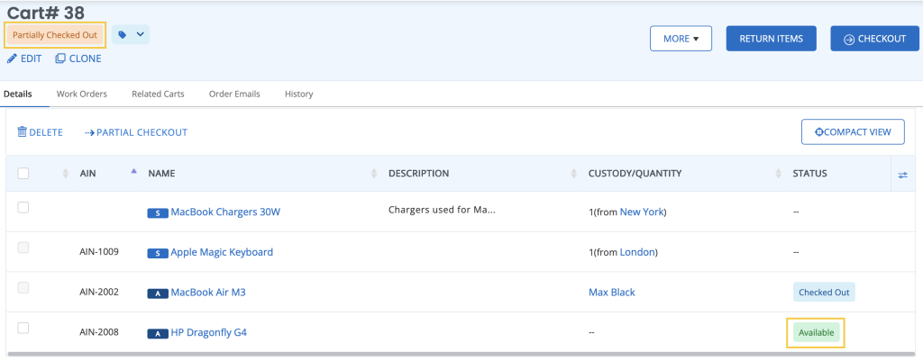 The Cart details page showing the status of the cart and each line item.