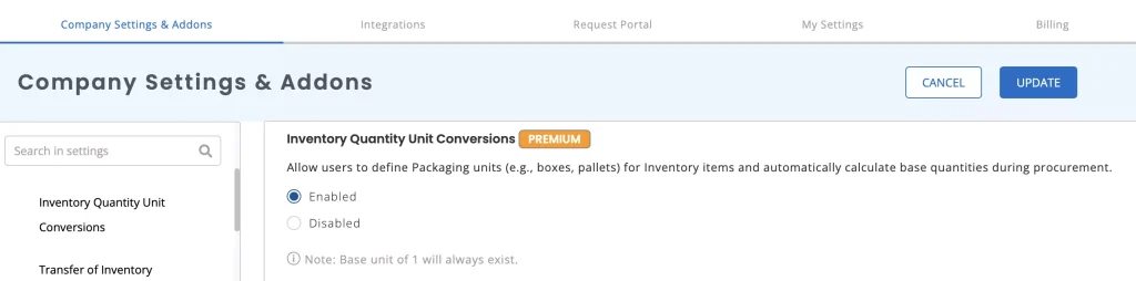 Company Settings and Addons page showing the option to enable Inventory Quantity Unit Conversions.