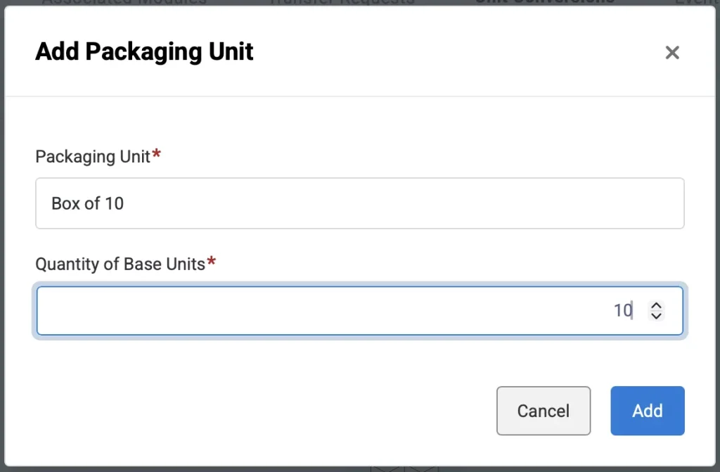 The Add Packaging Unit pop-up showing the Packaging unit and Base unit fields.