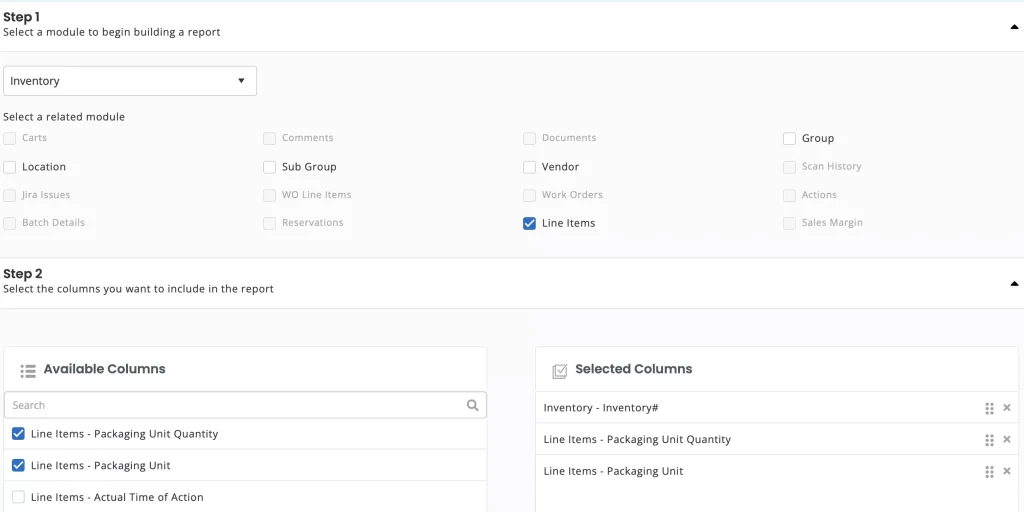 The report section showing the Package quantity columns for line items.