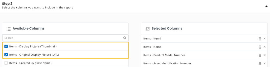 Custom reports showing the option to display image thumbnail and display image url.