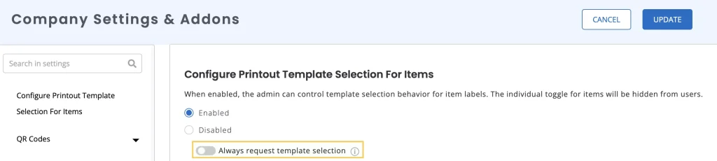 Company Settings page showing the Always request template selection option.