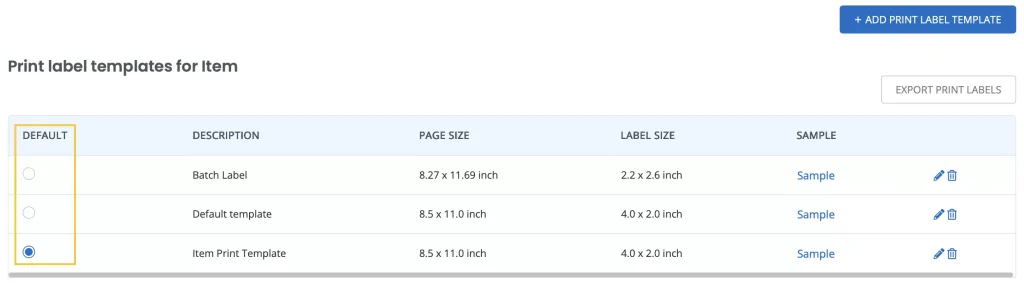 Printout templates page showing the radio button in the Default column.