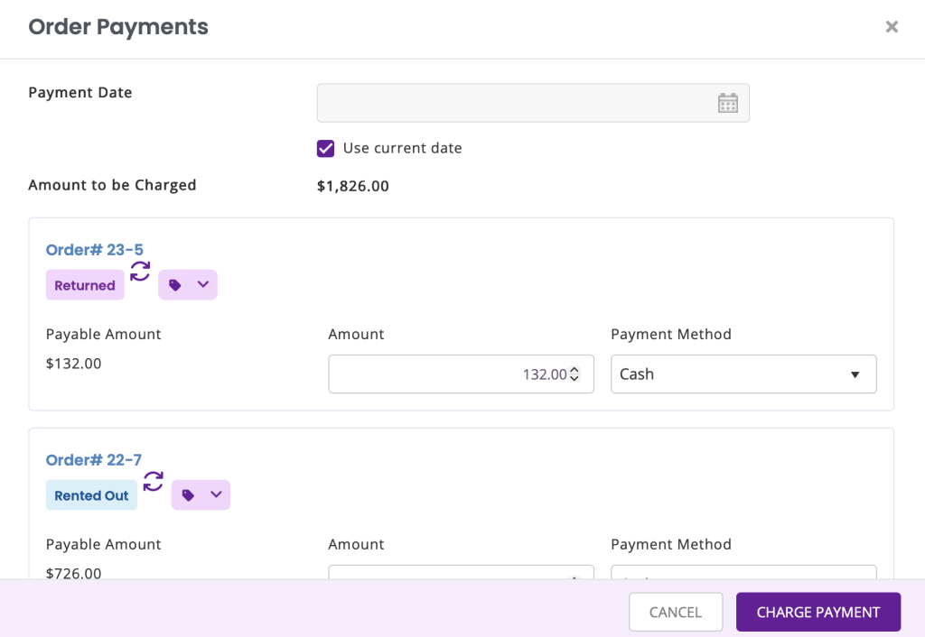 Order payments pop-up showing how to configure details such as payment date, preferred payment gateway, Order payment specifics, and comments.