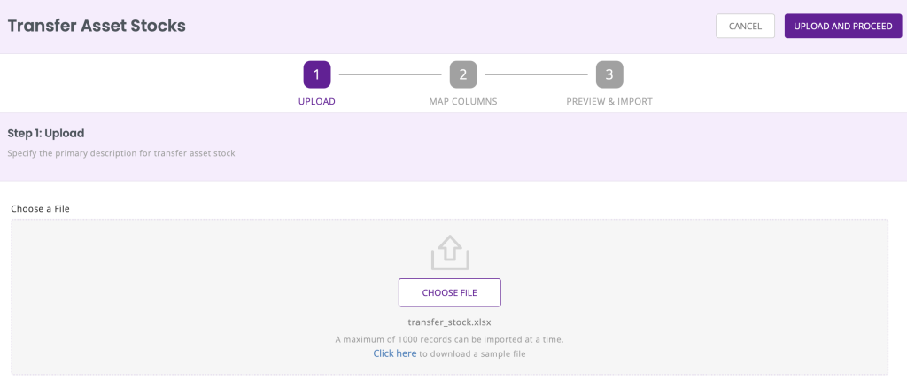 Transfer asset stock page showing the option to upload your file.