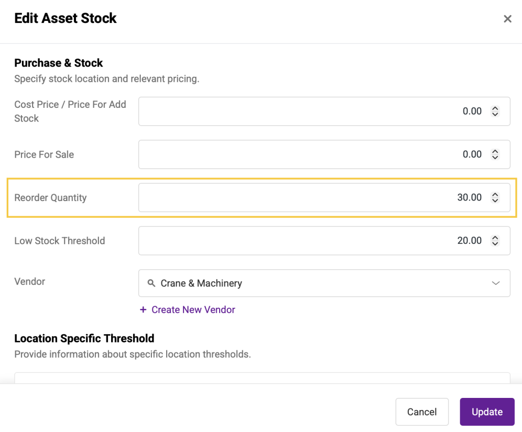 Edit asset stock page showing the reorder quantity option.