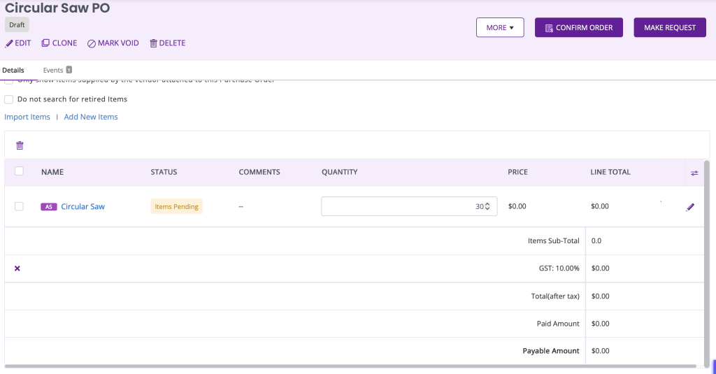 The PO showing the default reorder quantity.