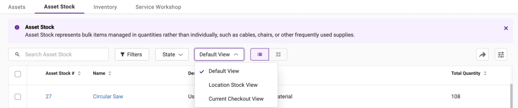 The asset stock listing page showing the different view options.