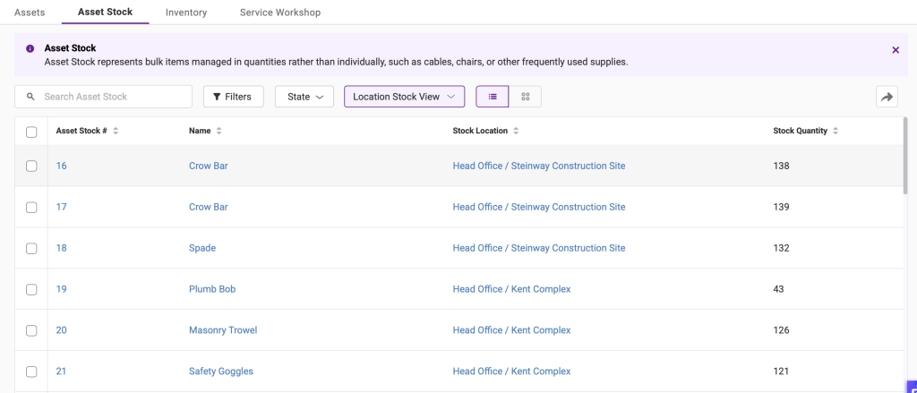 The asset stock listing page with the location stock view.
