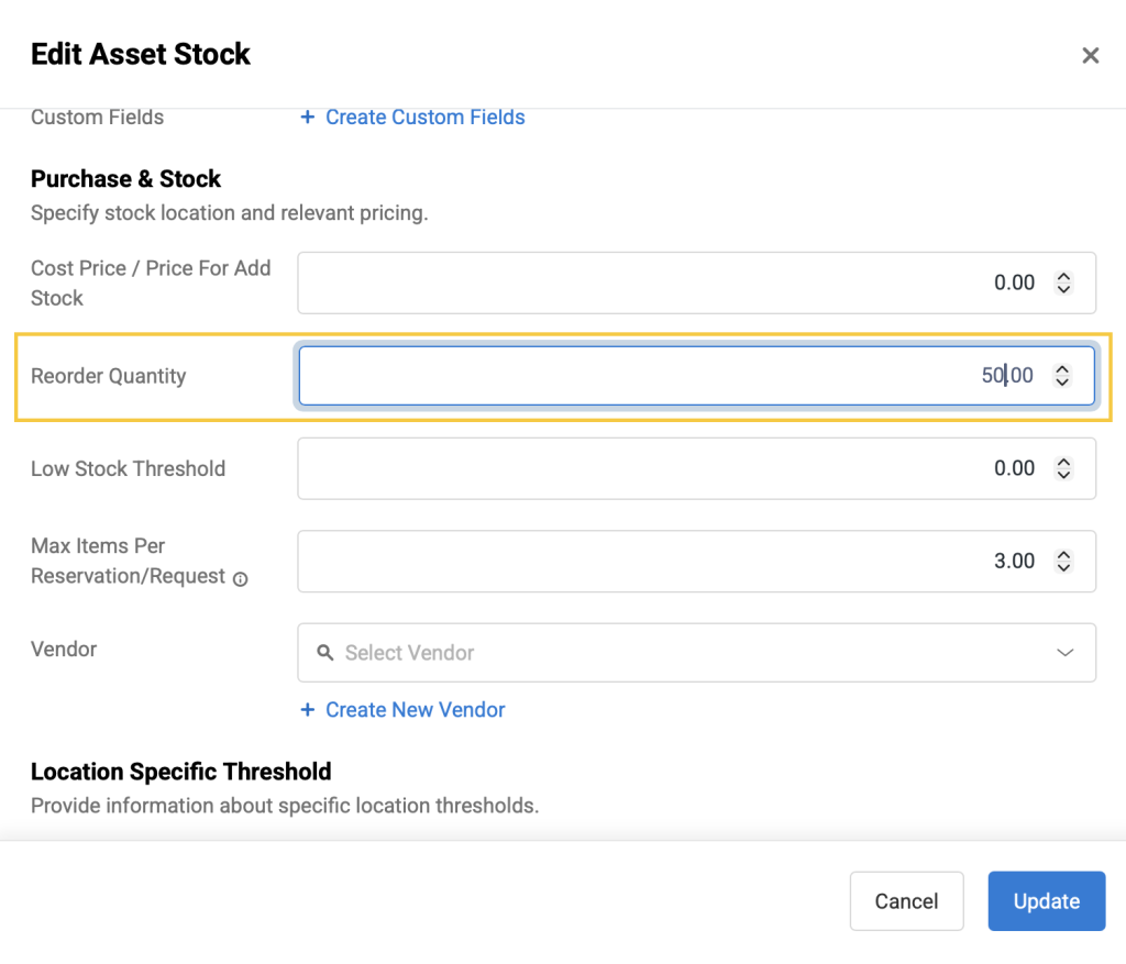 Edit Asset Stock pop-up sowing the option to add a reorder quantity.