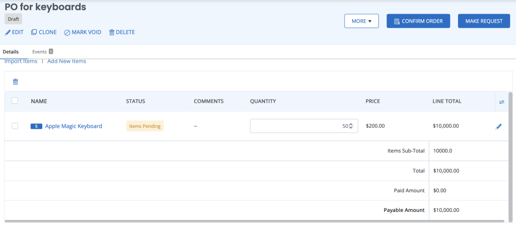 PO for asset stock automatically populated with the reorder quantity we provided.
