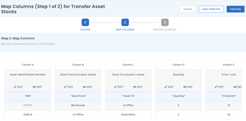 Transfer Asset Stock page showing the Map Columns page.