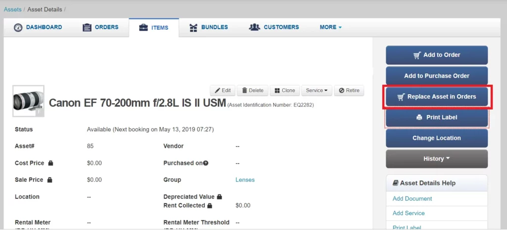 replace asset in orders