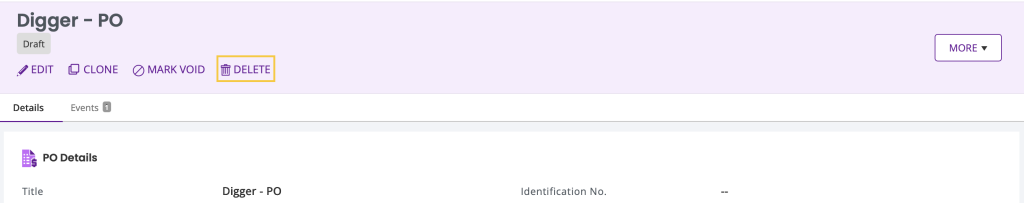 Purchase order details page showing the delete button.