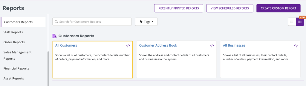 Reports page showing the All Customers report.