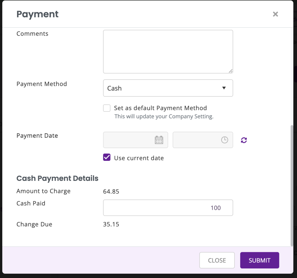 The payment dialog showing the Cash Paid section.