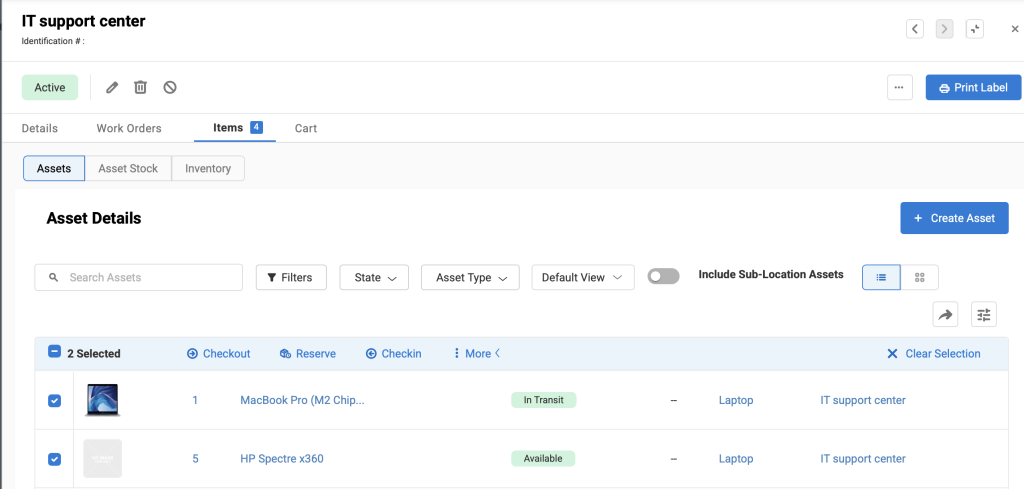 Location listing page showing how to select assets from the Assets tab.