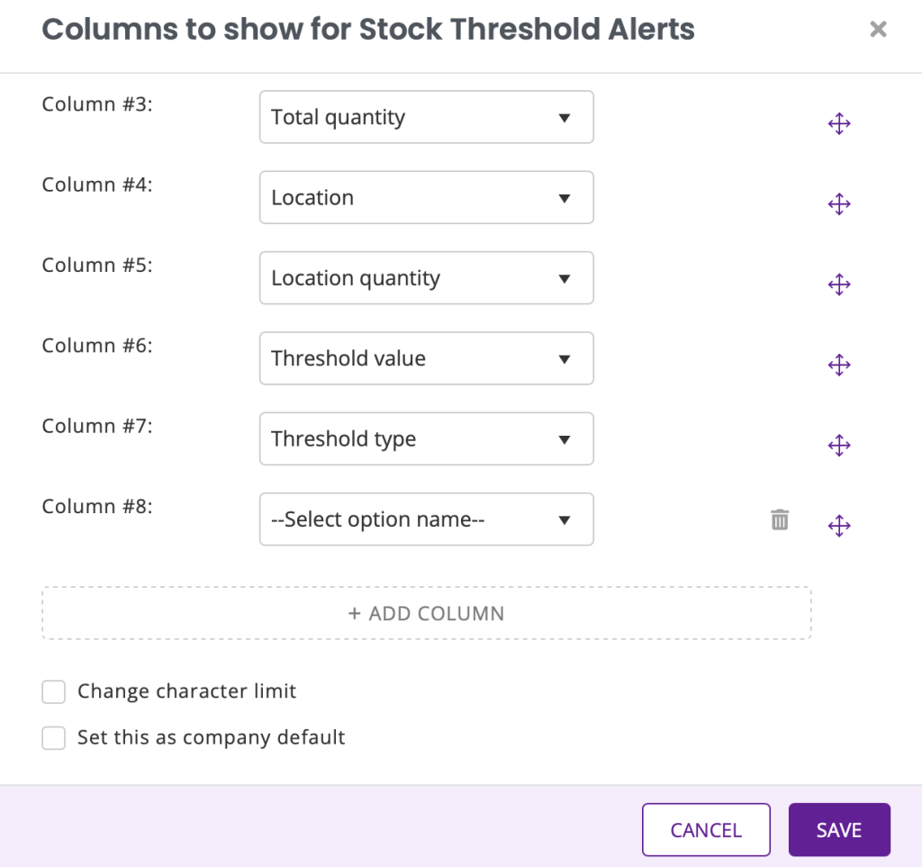 Stock threshold alerts page showing the add column pop-up.