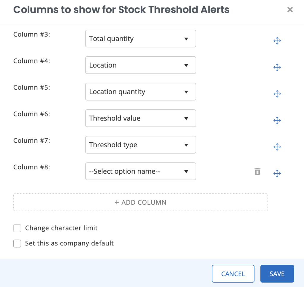 Columns to show for Stock Threshold Alerts pop-up showing the Add Column button.