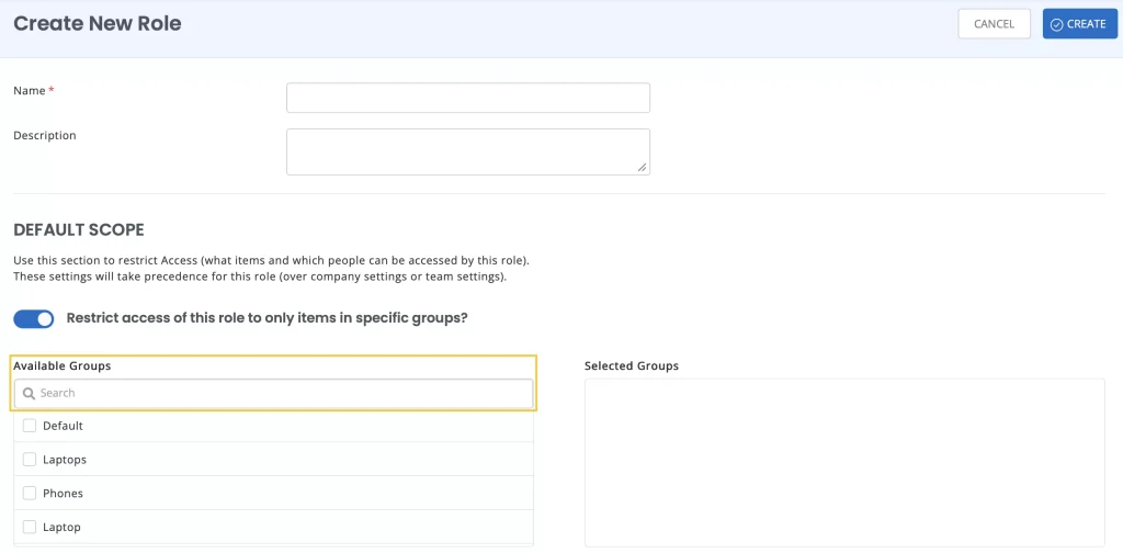 Create new role page showing the search filed in the scope section.