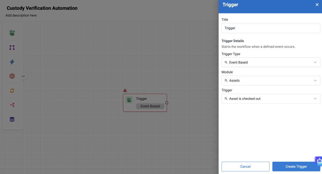 The Workflow and Automation page showing the Trigger modal.