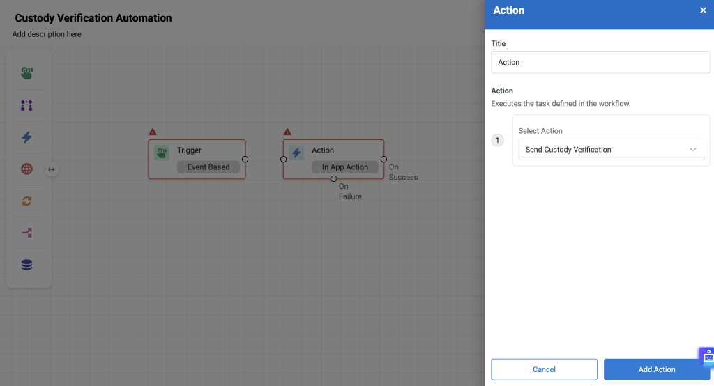 The Workflow and Automation page showing the Action modal.