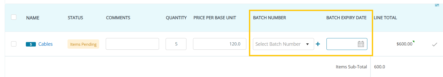 AssetSonar Purchase Order line item showing Batch Number and Batch Expiry Date fields.