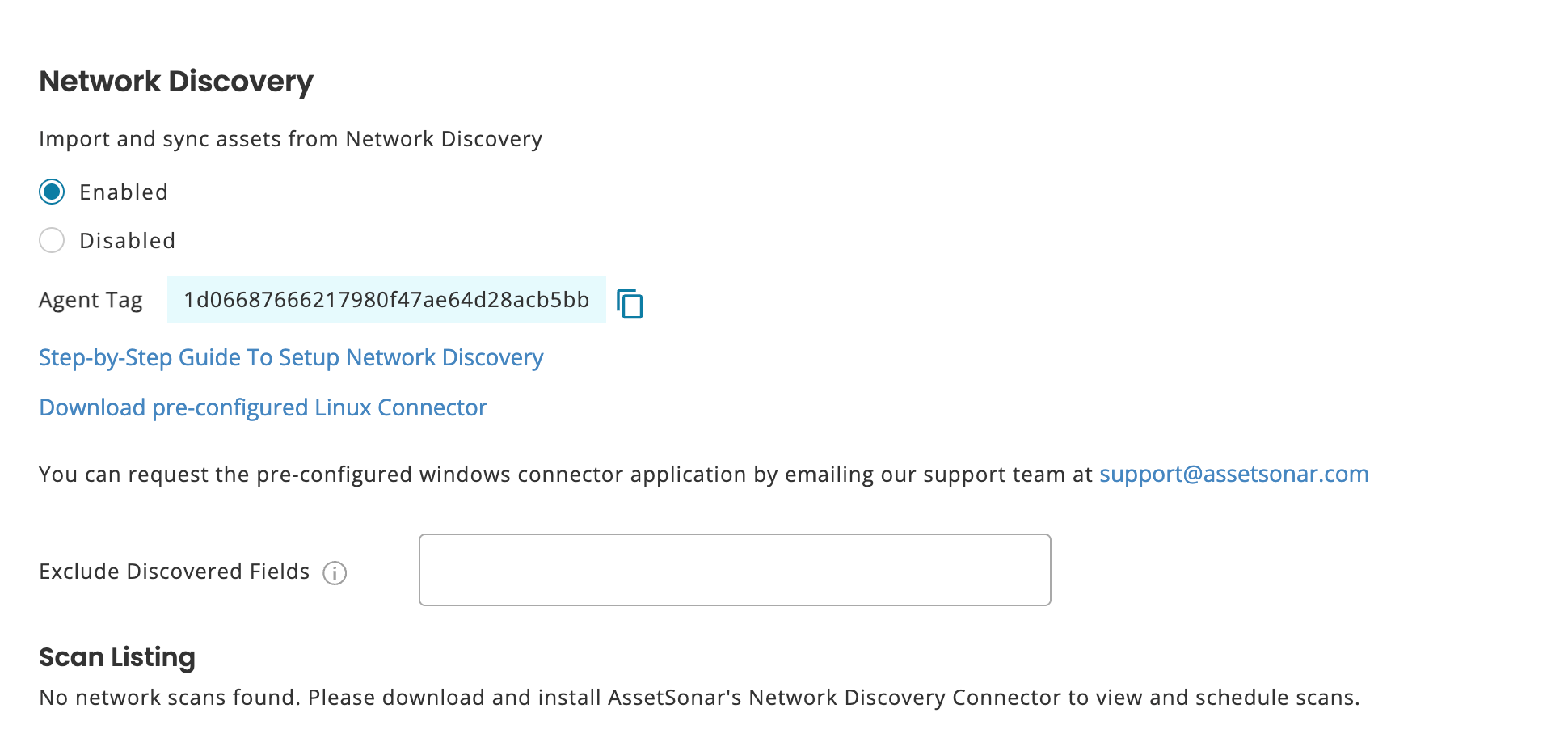 AssetSonar Network Discovery settings with the preconfigured Linux Connector download option