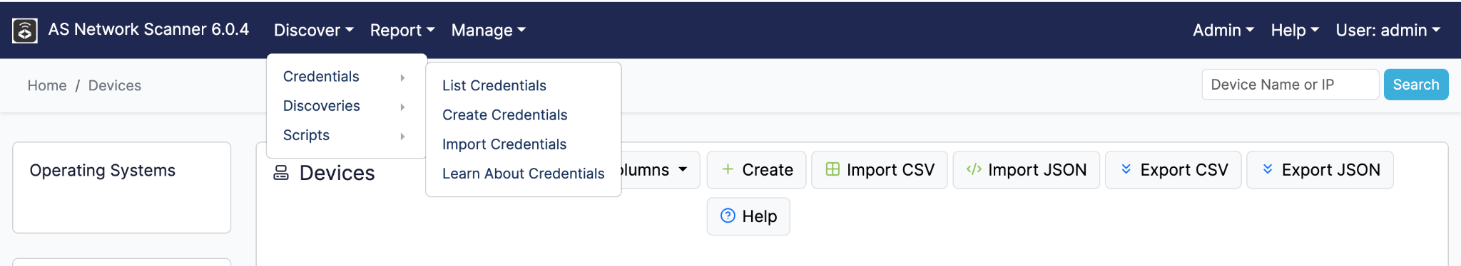 AS Network Scanner menu for creating network discovery credentials