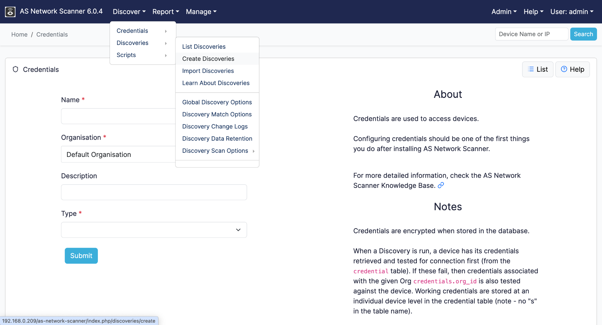 AS Network Scanner menu for creating a new network discovery