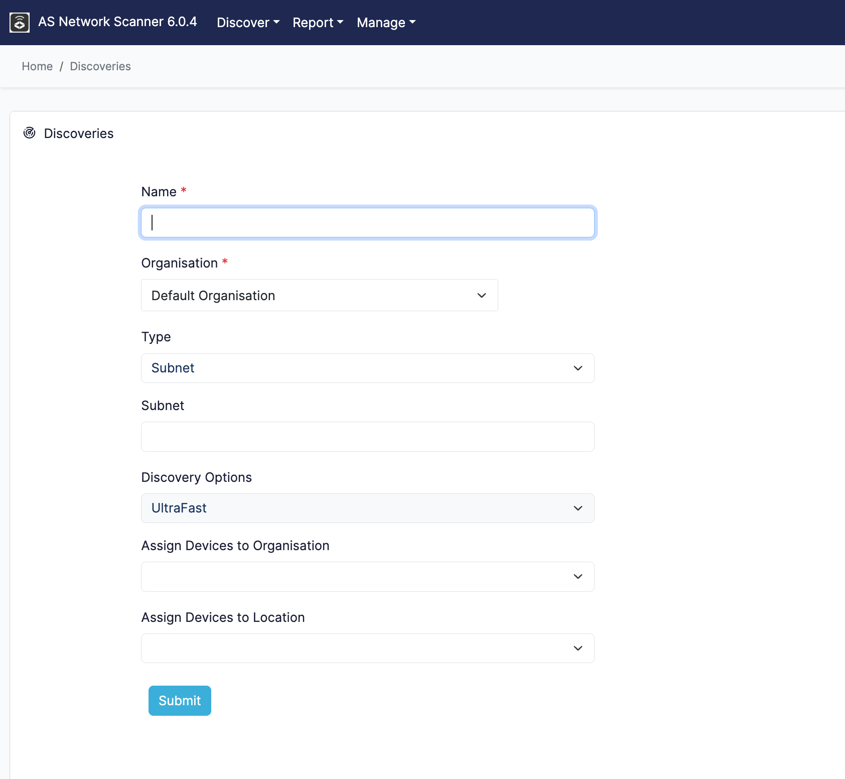 AS Network Scanner form for configuring a subnet-based network discovery