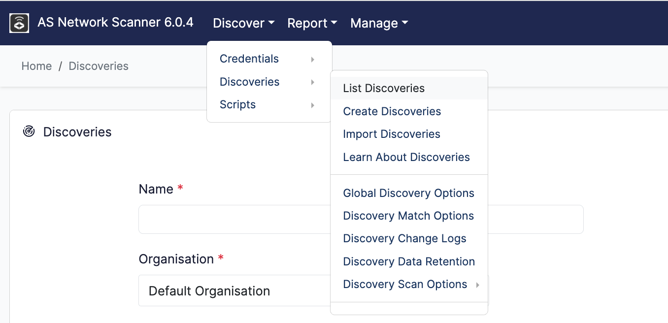 AS Network Scanner menu for viewing the list of network discoveries